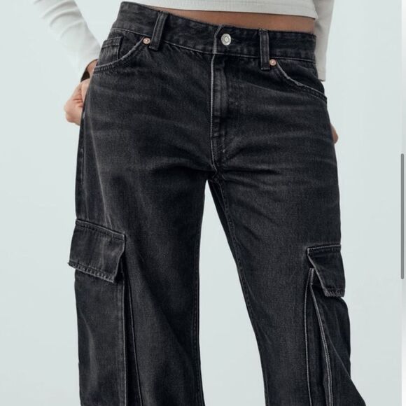 Zara Mid Rise Wide Leg Black Denim Cargo TRF Jeans - Picture 3 of 10